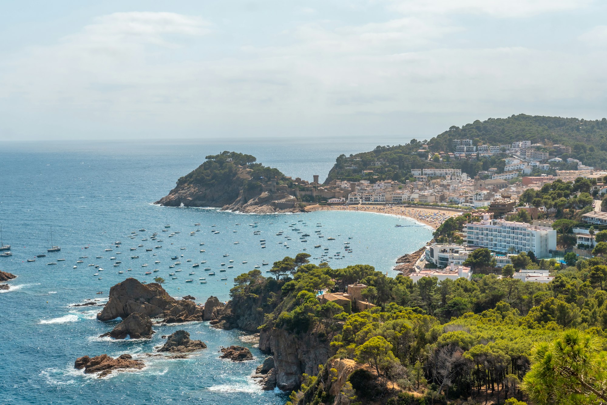 Aerial view of Tossa de Mar in summer, Girona on the Costa Brava of Catalonia